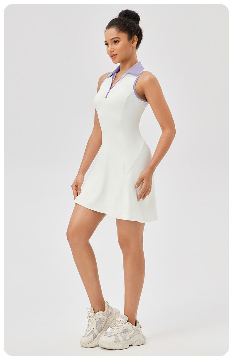 European And American Lapel One-piece Tennis Skirt Women's Quick-drying Breathable Waist-tight Contrast Color Sports Leisure Fitness Dress