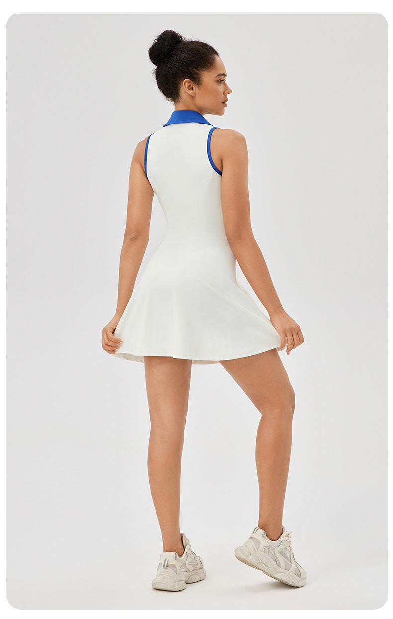 European And American Lapel One-piece Tennis Skirt Women's Quick-drying Breathable Waist-tight Contrast Color Sports Leisure Fitness Dress