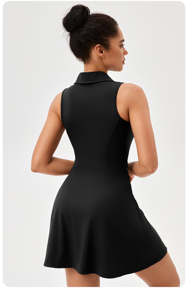 European And American Lapel One-piece Tennis Skirt Women's Quick-drying Breathable Waist-tight Contrast Color Sports Leisure Fitness Dress