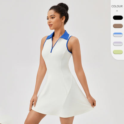 European And American Lapel One-piece Tennis Skirt Women's Quick-drying Breathable Waist-tight Contrast Color Sports Leisure Fitness Dress